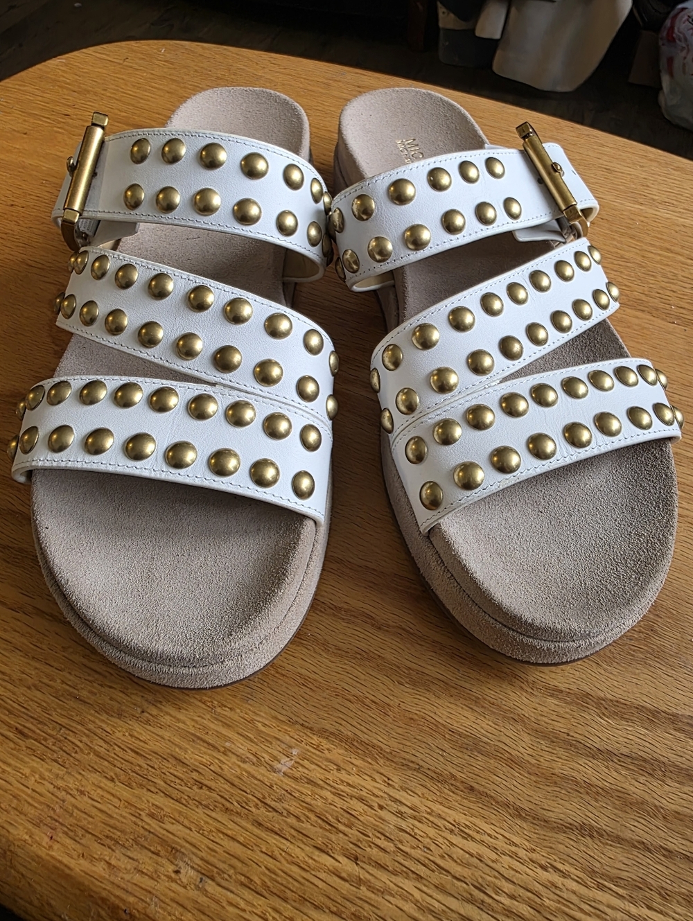 Michael Kors, Studded White Triple-Strap Slide Sandals with Gold Accents, Sz 7